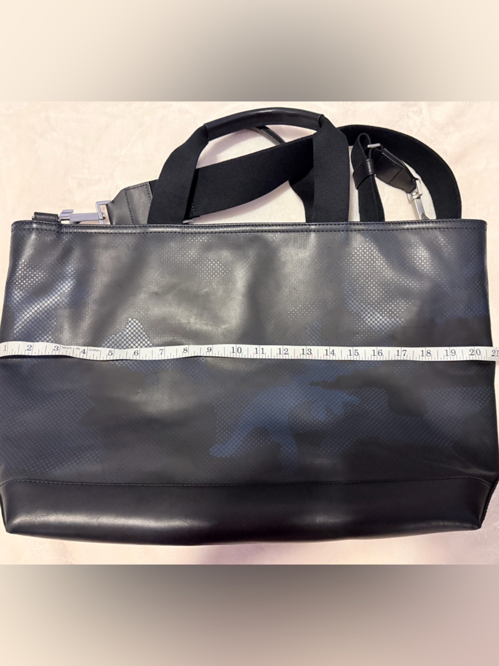 Jack Spade Leather Weekender Travel Bag Black/Navy Camo Laptop Work Bag - Picture 8 of 11